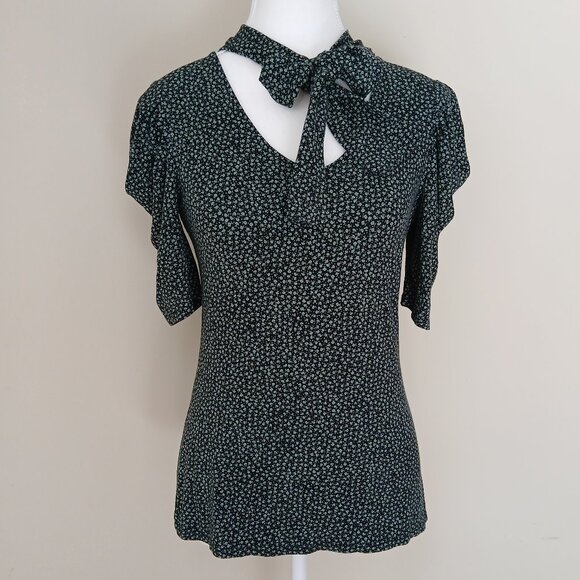 Anthropologie Tops - Anthropologie Postmark Ditsy Floral Tie Neck Blouse Green & Black Size Small
